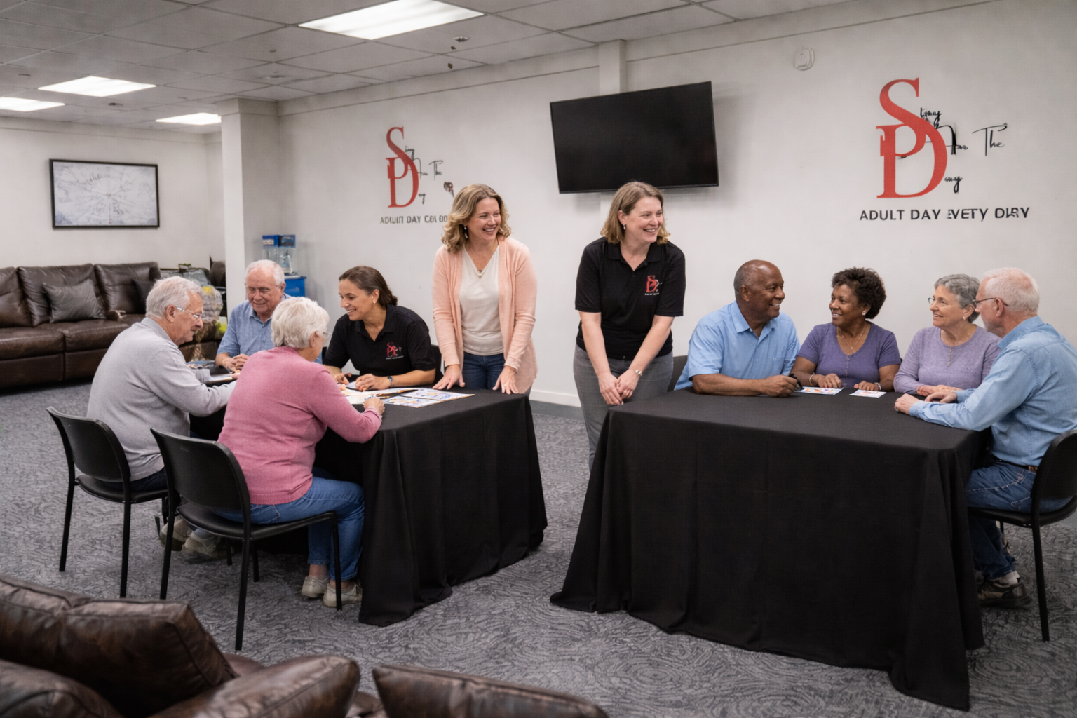 Seniors engaged in conversation at daycare